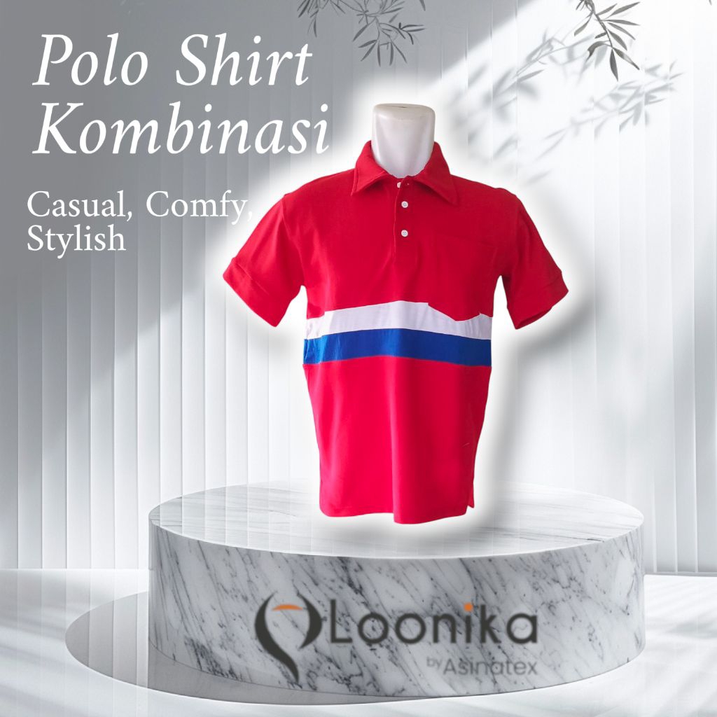 Kaos Poloshirt warna merah kombinasi garis putih biru