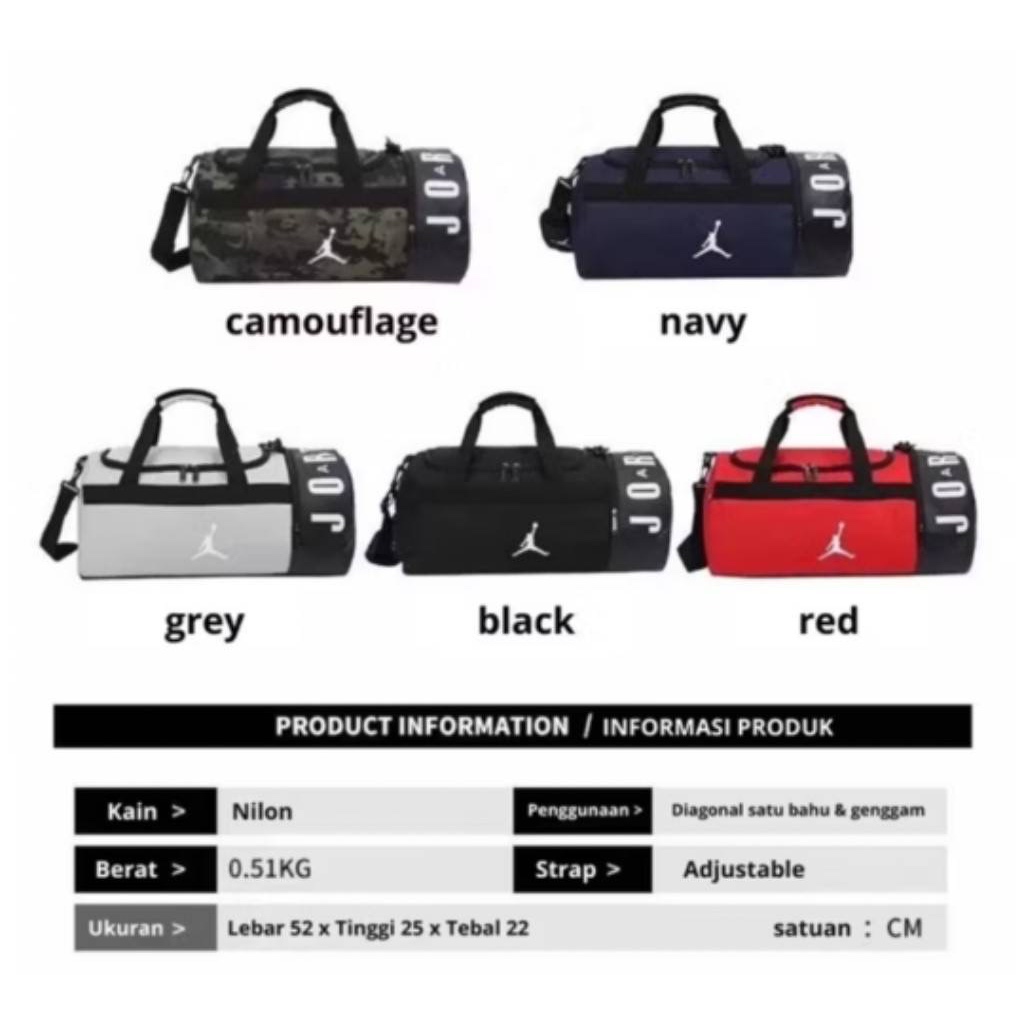 TAS OLAH RAGA / TAS TRAVEL / TAS DUFFLE BAGS JORDAN SIDE FONT ORIGINAL BLACK RED NAVY CAMO BAGS / TA
