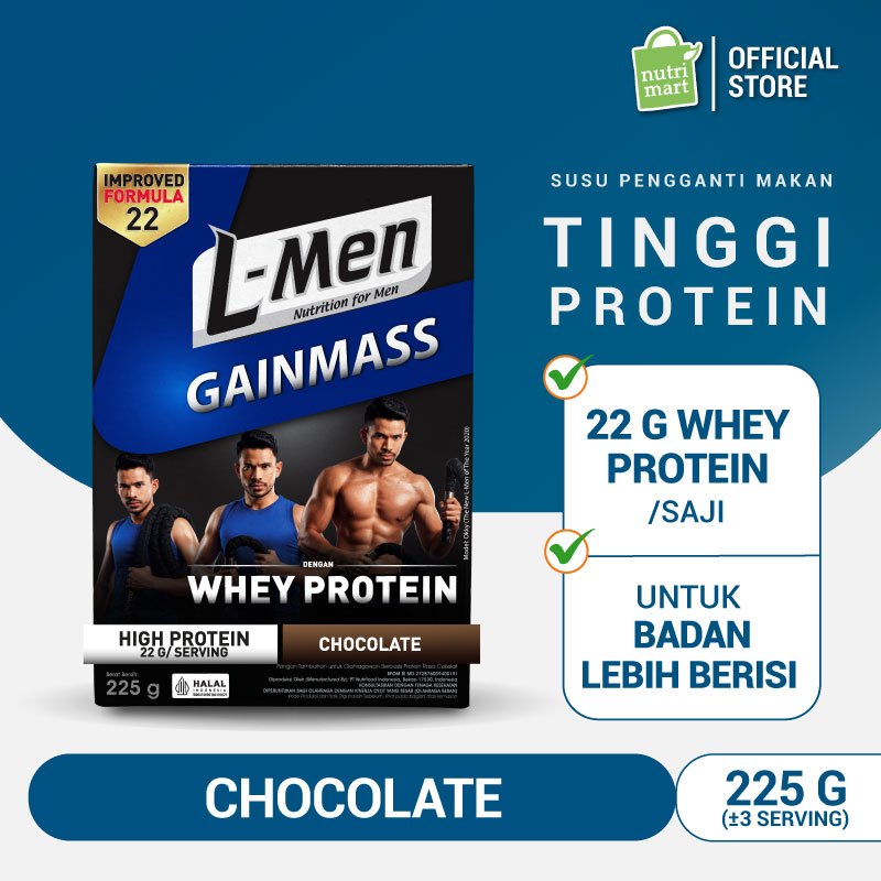 L-Men Gain Mass Chocolate 225 gram - Suplemen Penambah Massa Otot Tinggi Whey Protein