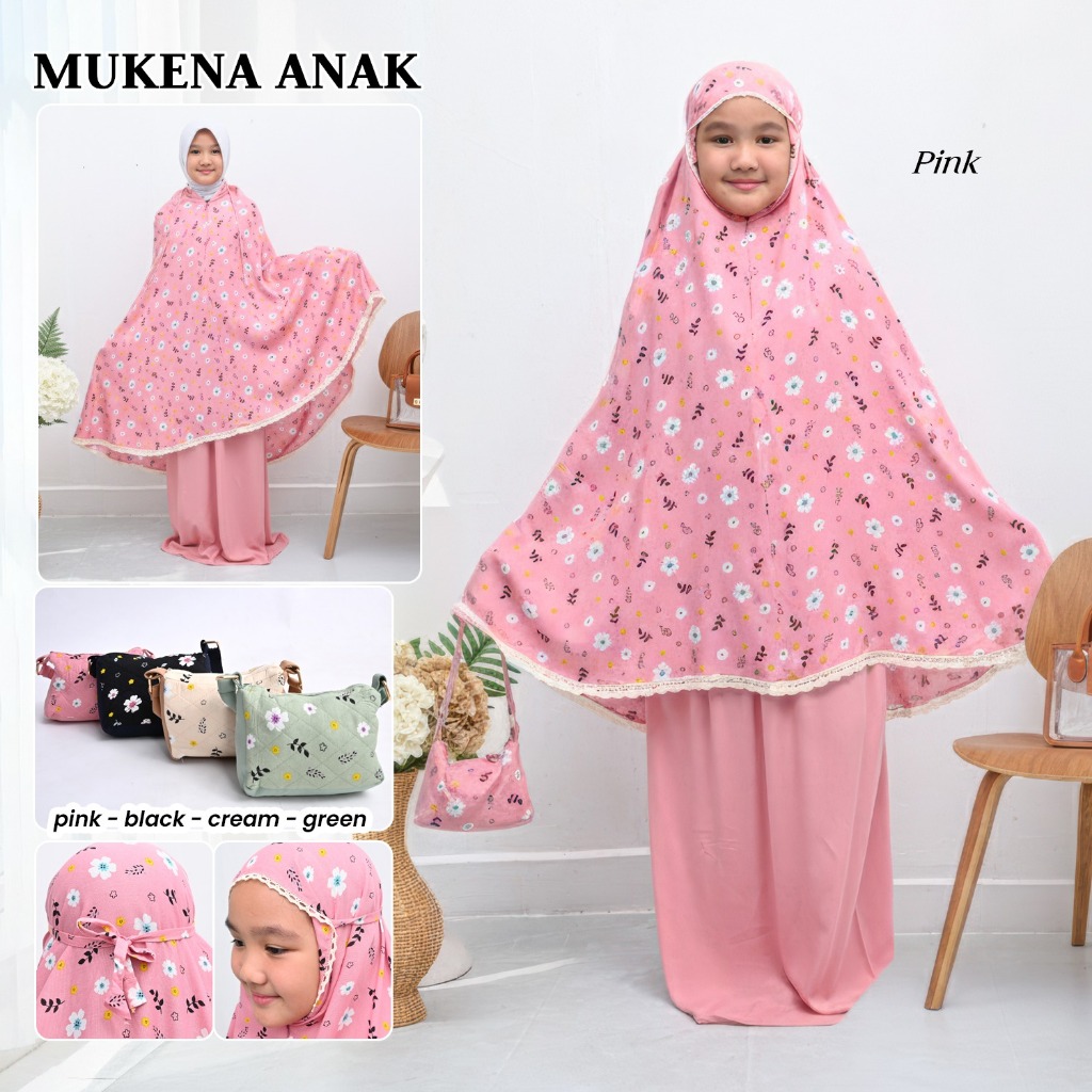 Mukena Anak Tali Bahu RAYON ADEM ATAS MOTIF, BAWAH POLOS