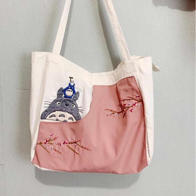 SAKURA AND TOTORO TWO TONE TOTEBAG EMBROIDERY