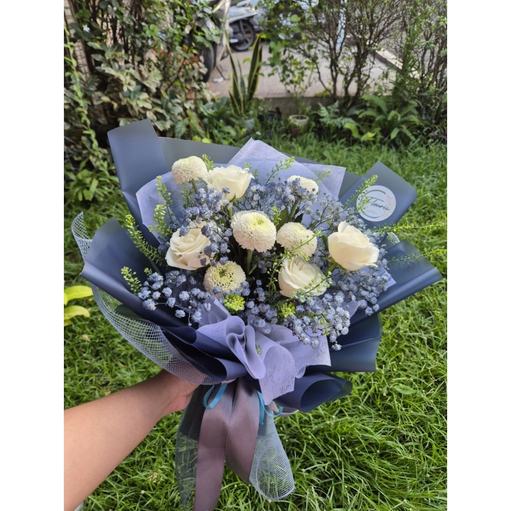 Buket bunga Pompom mix Mawar / bunga asli / Buket wisuda / Buket Lamaran/ Buket Ulang tahun