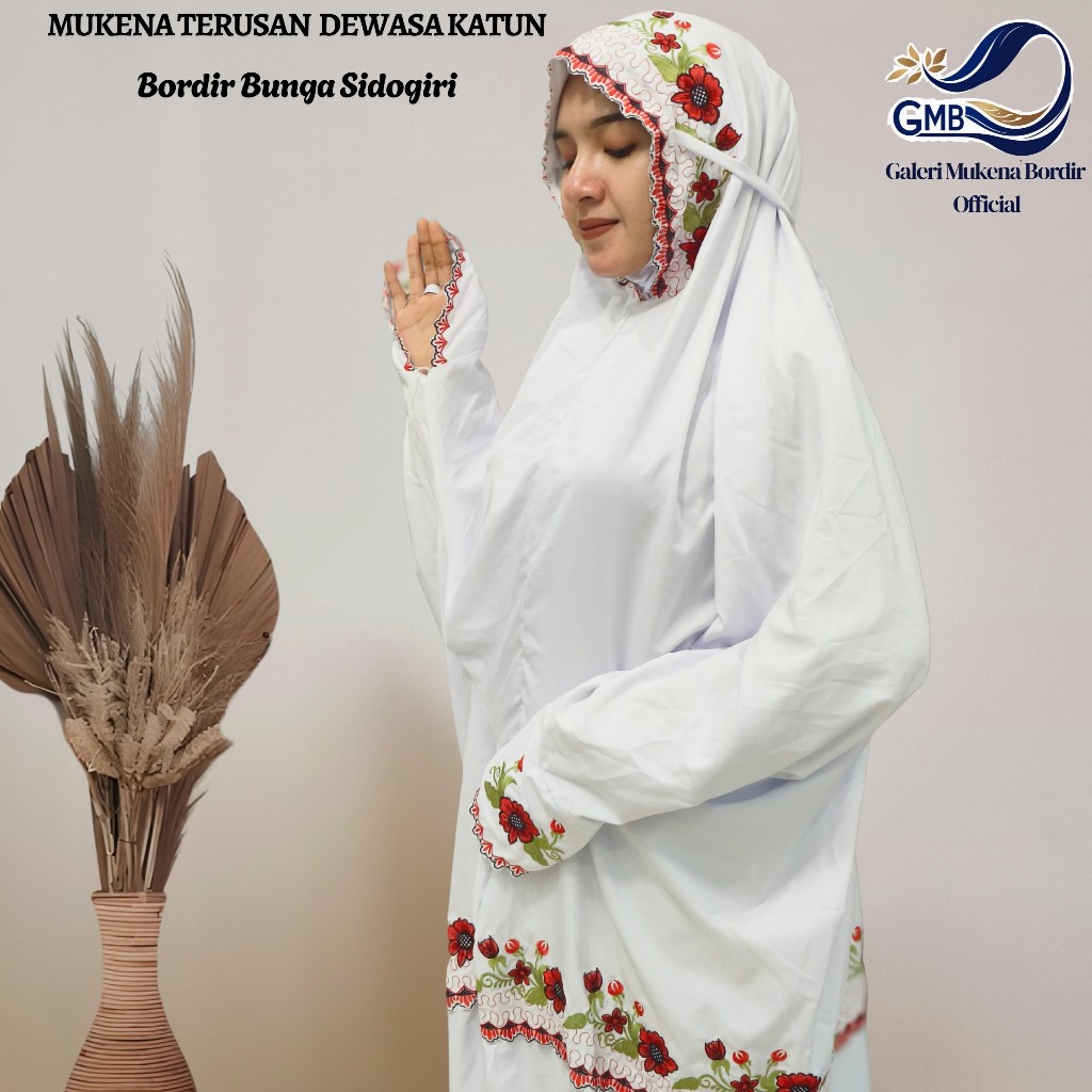 Mukena Terusan Dewasa Katun Polino Motif Bordir Bunga Sidogiri Indah