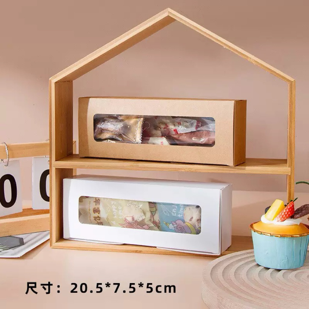 [8014] Box Roti Panjang Tutup Mika – Kotak Kue Kraft & Putih 20.5×7.5×5 cm | Box Mika Cake Panjang |