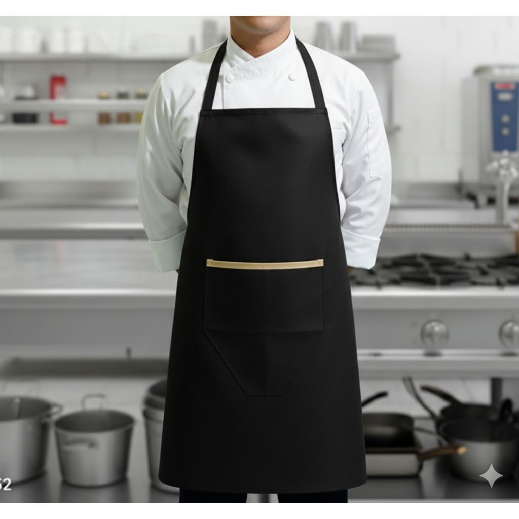 Apron kitchen chef-Celemek masak hitam polos-kain katun americandrill premium-celemek kain