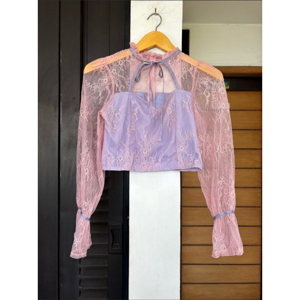 preloved new Coquette top pink purple ribbon tille transparan longsleeve cute korean y2k pesta atasa
