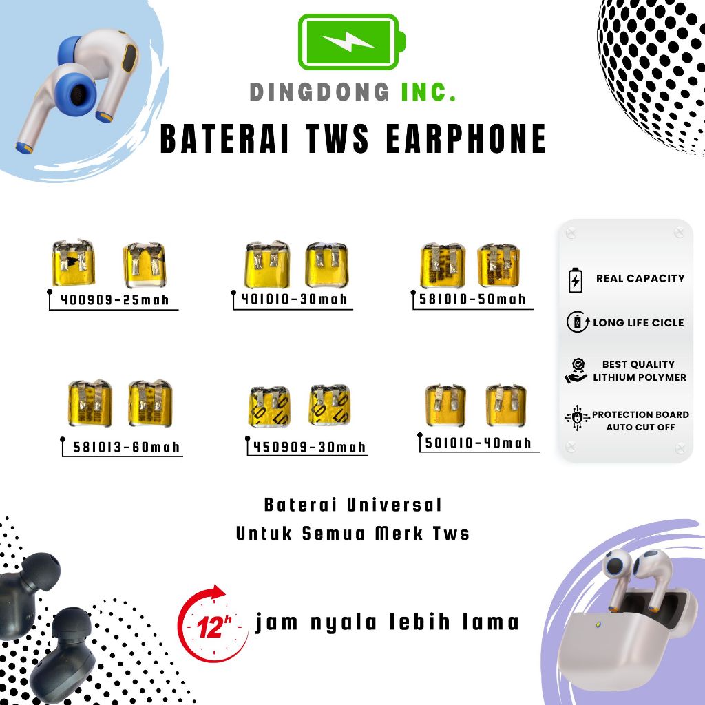 BATERAI TWS LITHIUM POLYMER LIPO 400909 401010 581010 581013 450909 501010 BATRE EARPHONE EATBUDS TW