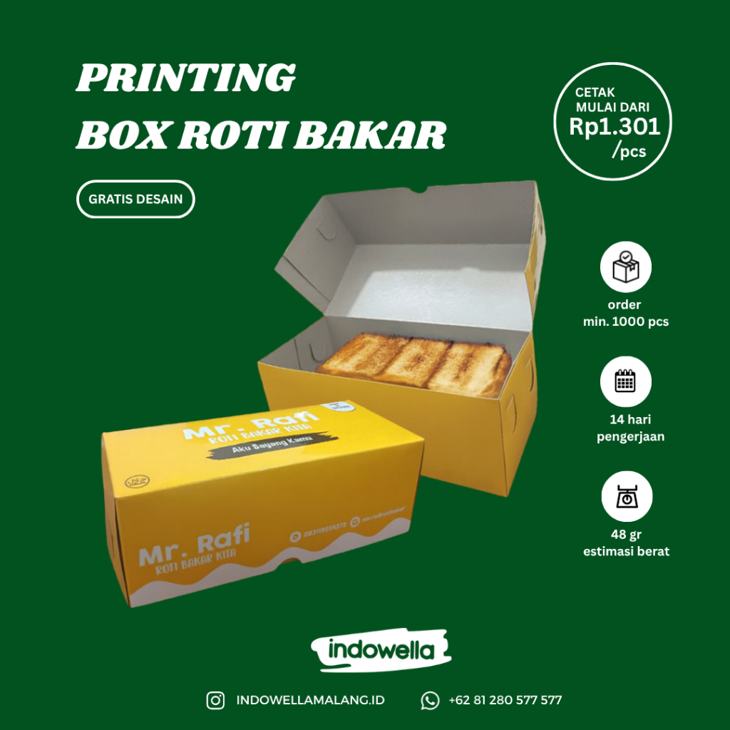 Custom Box Roti Bakar | Box Snack | Laminasi | Tahan Minyak | Full Printing | Ivory | Duplek | Kraft