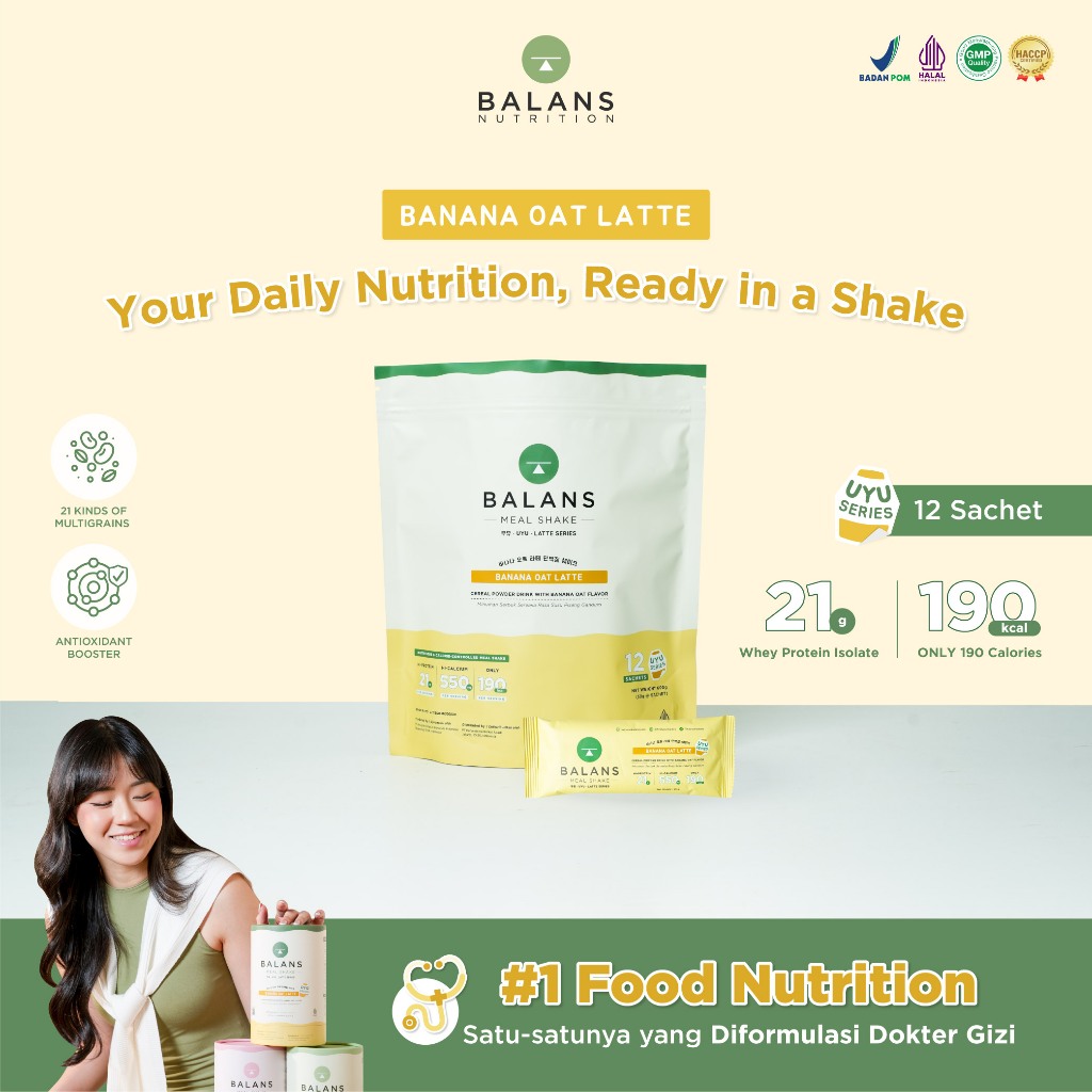 BALANS Meal Shake UYU Series | Banana Oat Latte | Susu Protein & Tinggi Kalsium Rendah Kalori | 12s