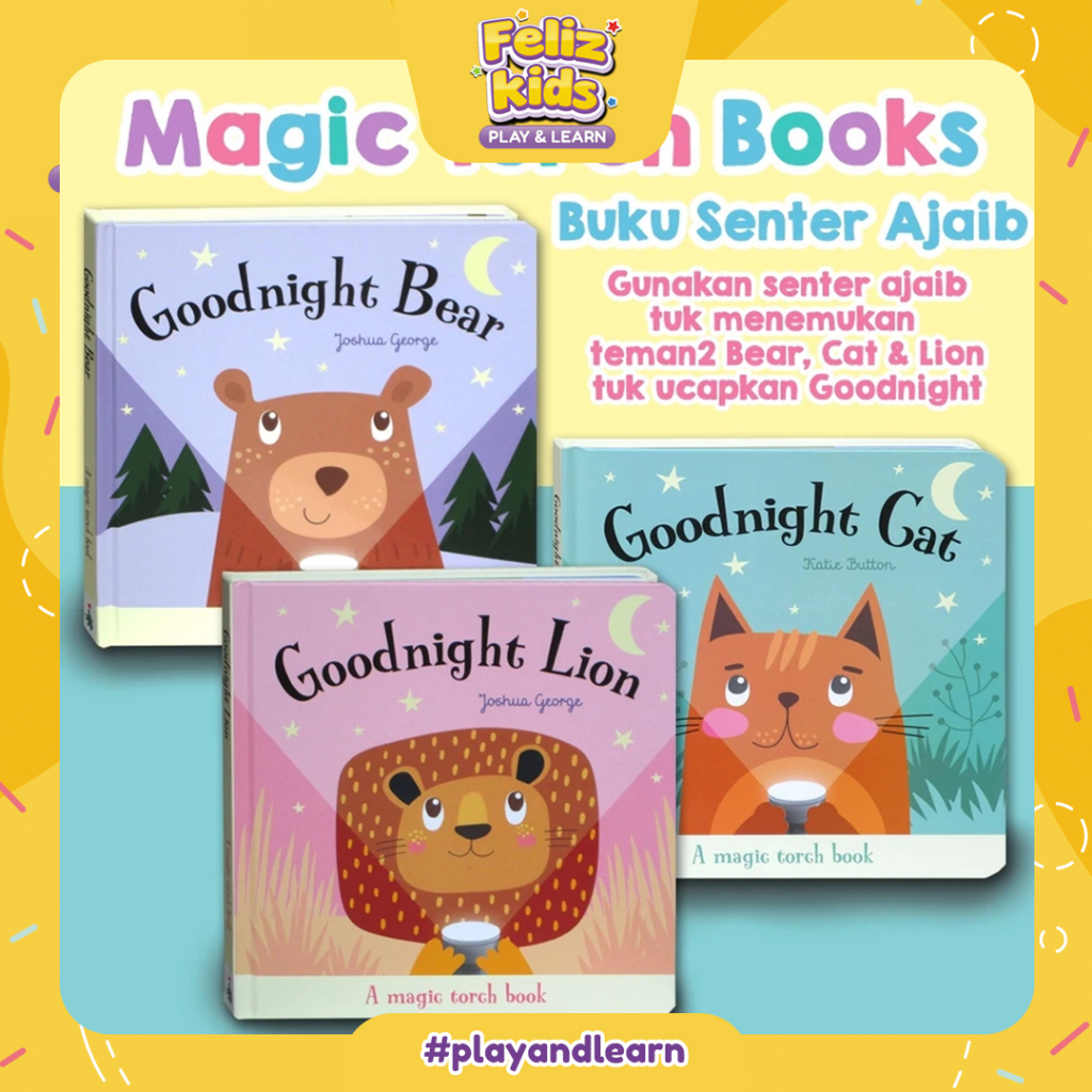 [FELIZKIDS] [BK188] Buku Senter Ajaib - Magic Torch Book Goodnight Bear / Lion / Cat (use the magic 