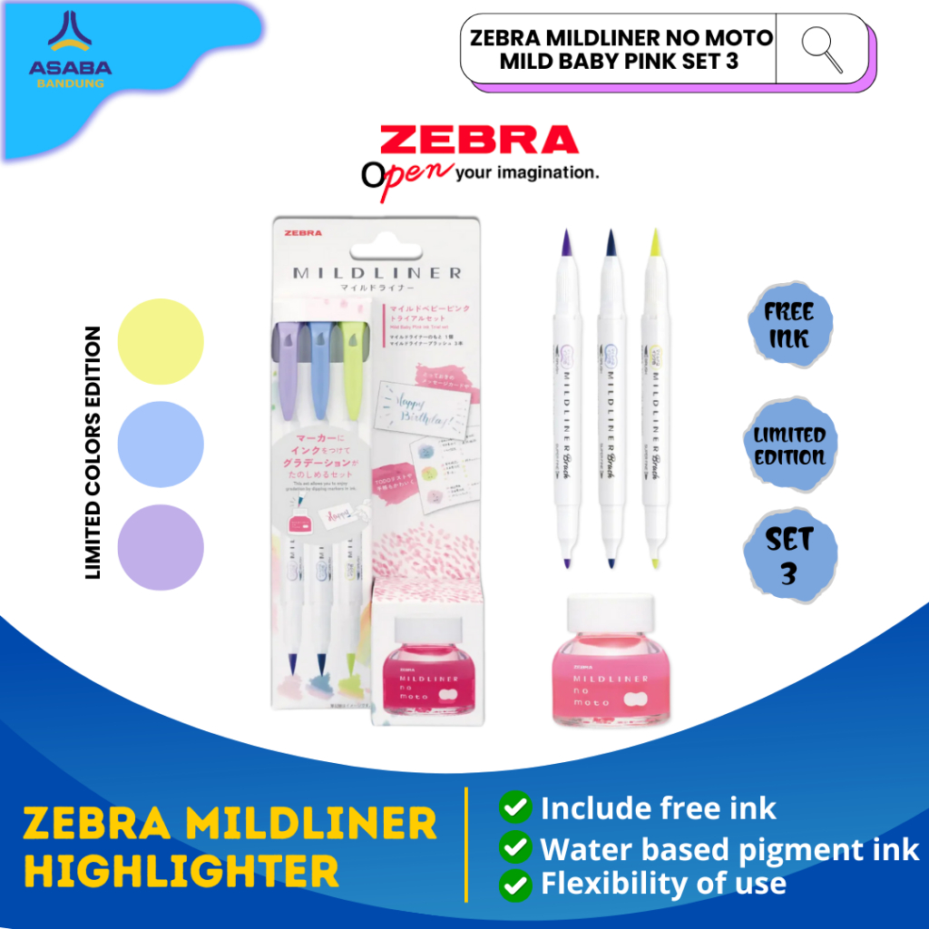 Asaba Bandung - ZEBRA MILDLINER BRUSH SET 3 NO MOTO 1PC - Mildliner Set 3 Plus Tinta Mildliner & Mil