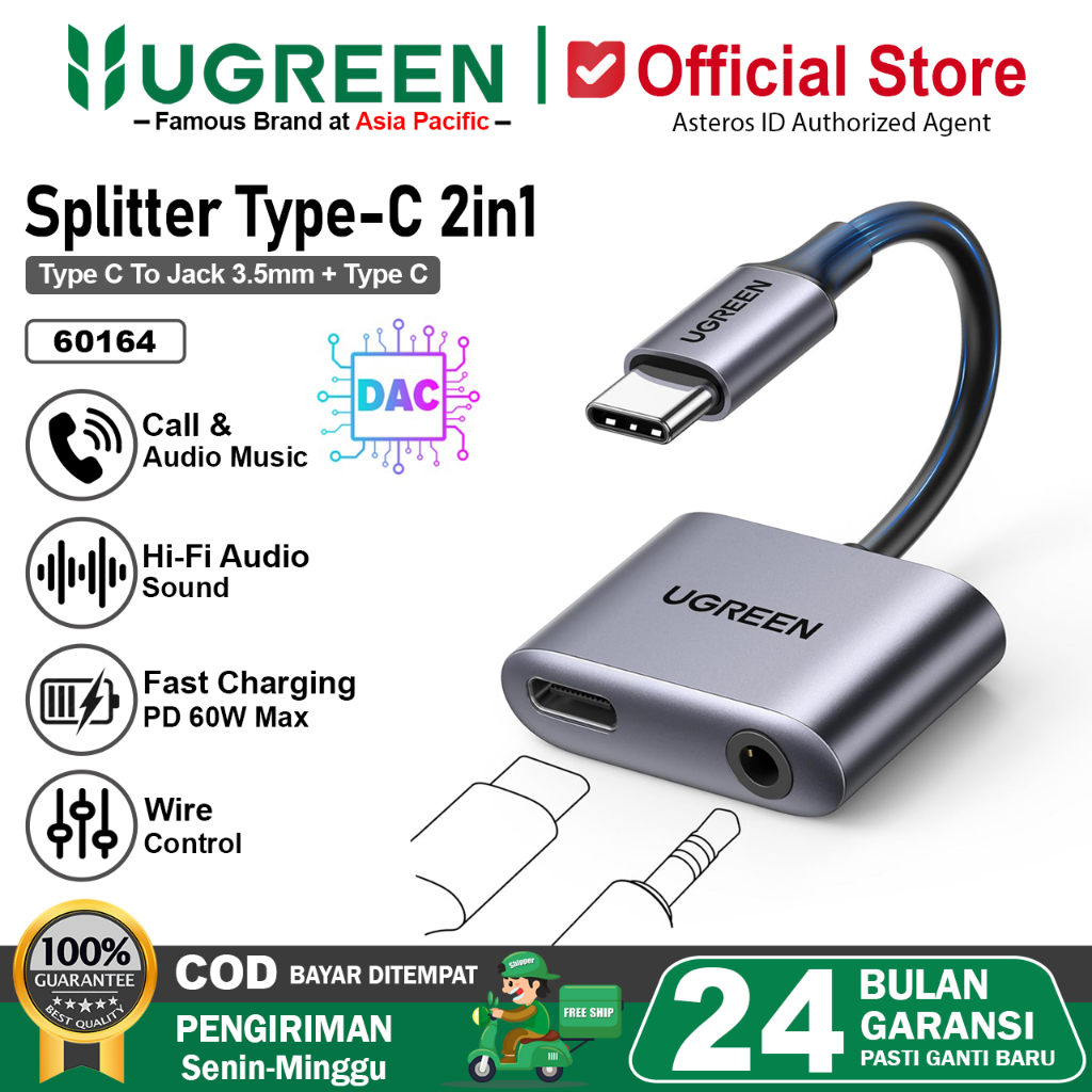 UGREEN Converter Splitter DAC USB Type C to Jack Audio 3.5mm + Type C Charging Audio Call Open Mic