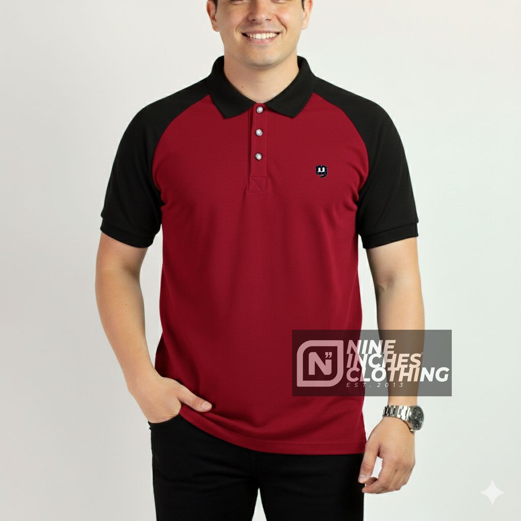 Baju Kaos Kerah Polo Shirt Distro Pria Cotton Premium Original Kombinasi Raglan 9 nine inches