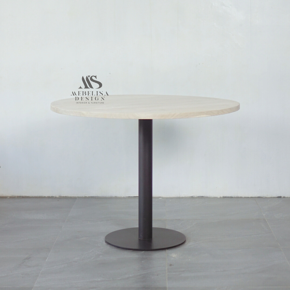 Meja Cafe Bundar Bleaching Minimalis dengan Kaki Besi