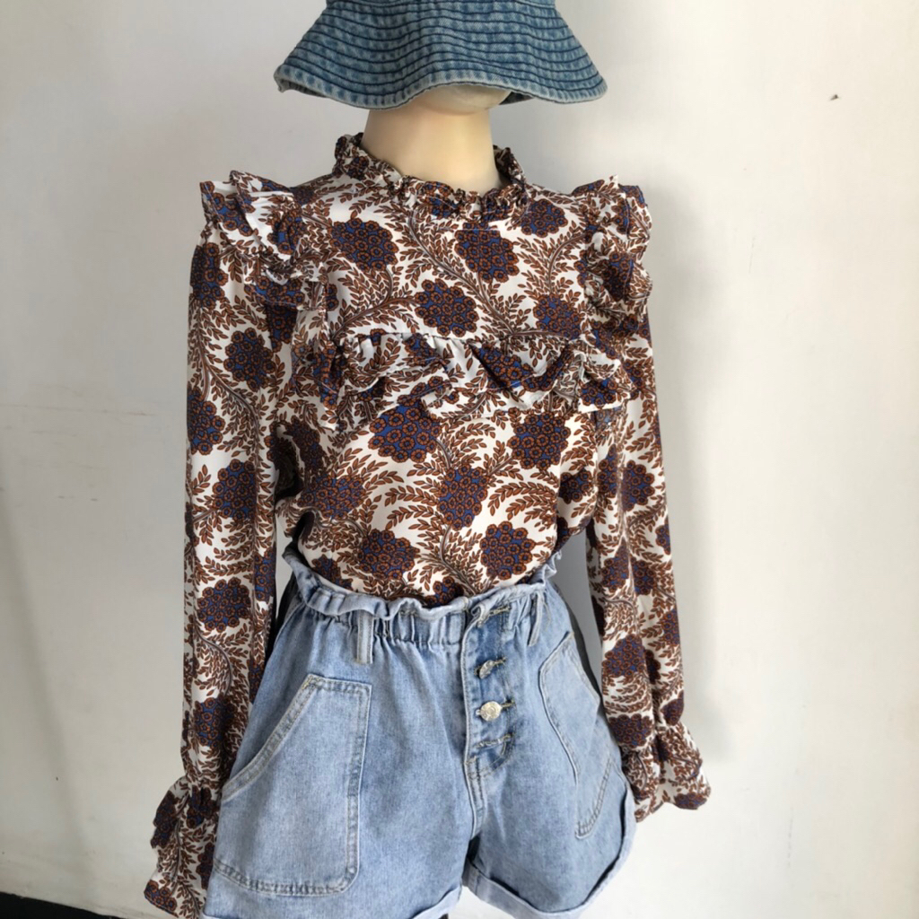 bluse coklat ruffle cute