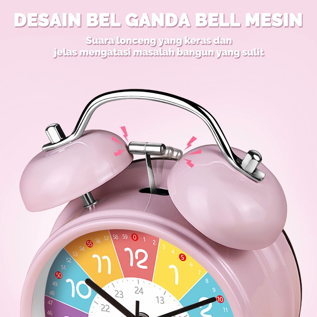 Jam Alarm Analog Klasik Anak Belajar Waktu, Twin Bell 4.5", Suara Keras, Tenang Tanpa Tik-Tik, Lampu