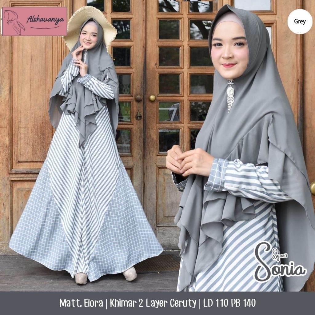 Sonia Syar'i by Alshavanya Gamis Syar'i Set Jilbab Gamis Garis Mix Kotak Cantik Gamis Premium Gamis 