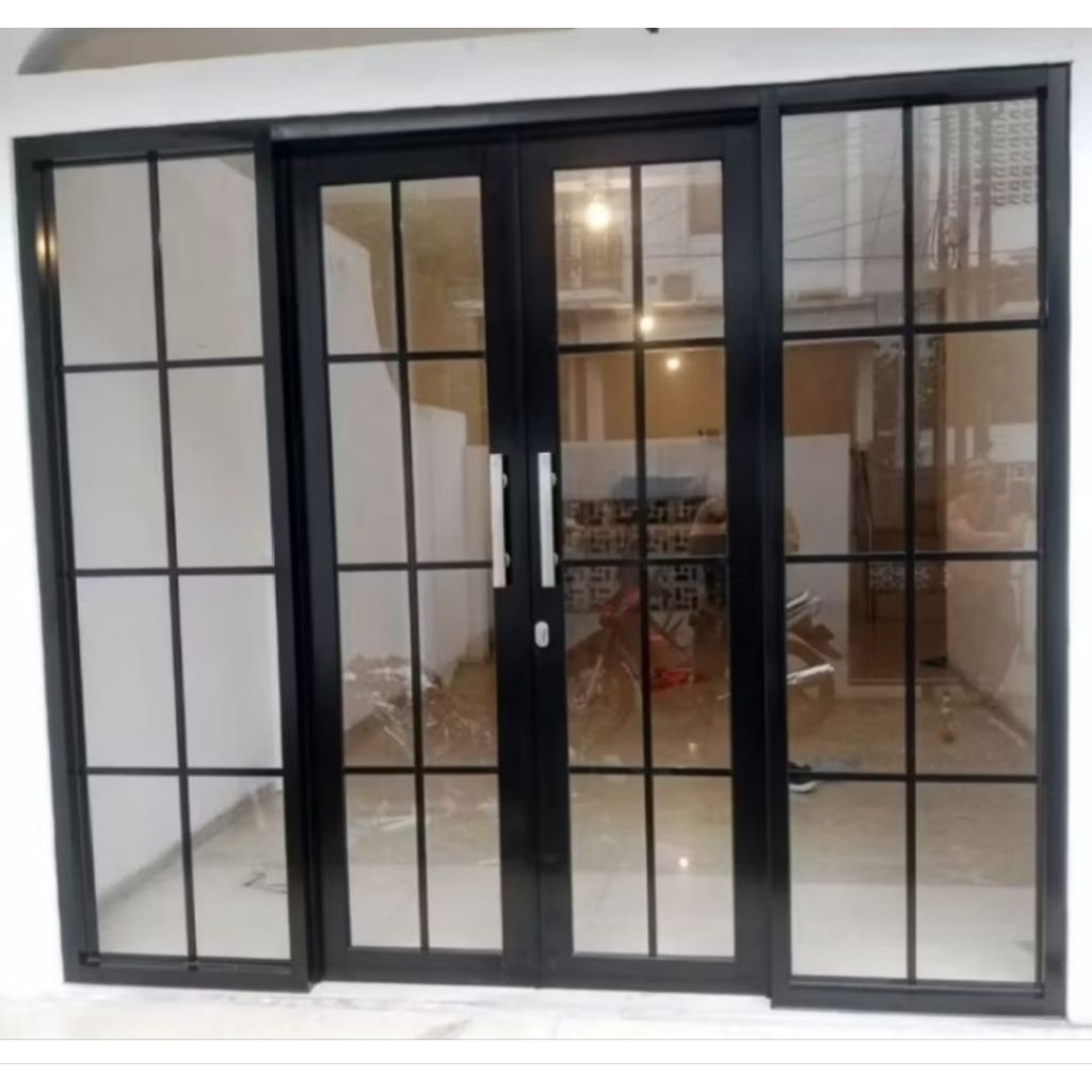 kusen pintu alumunium sleding dua pintu+kusen jendela kaca mati  knan kiri ukuran L180xT220 fere pac