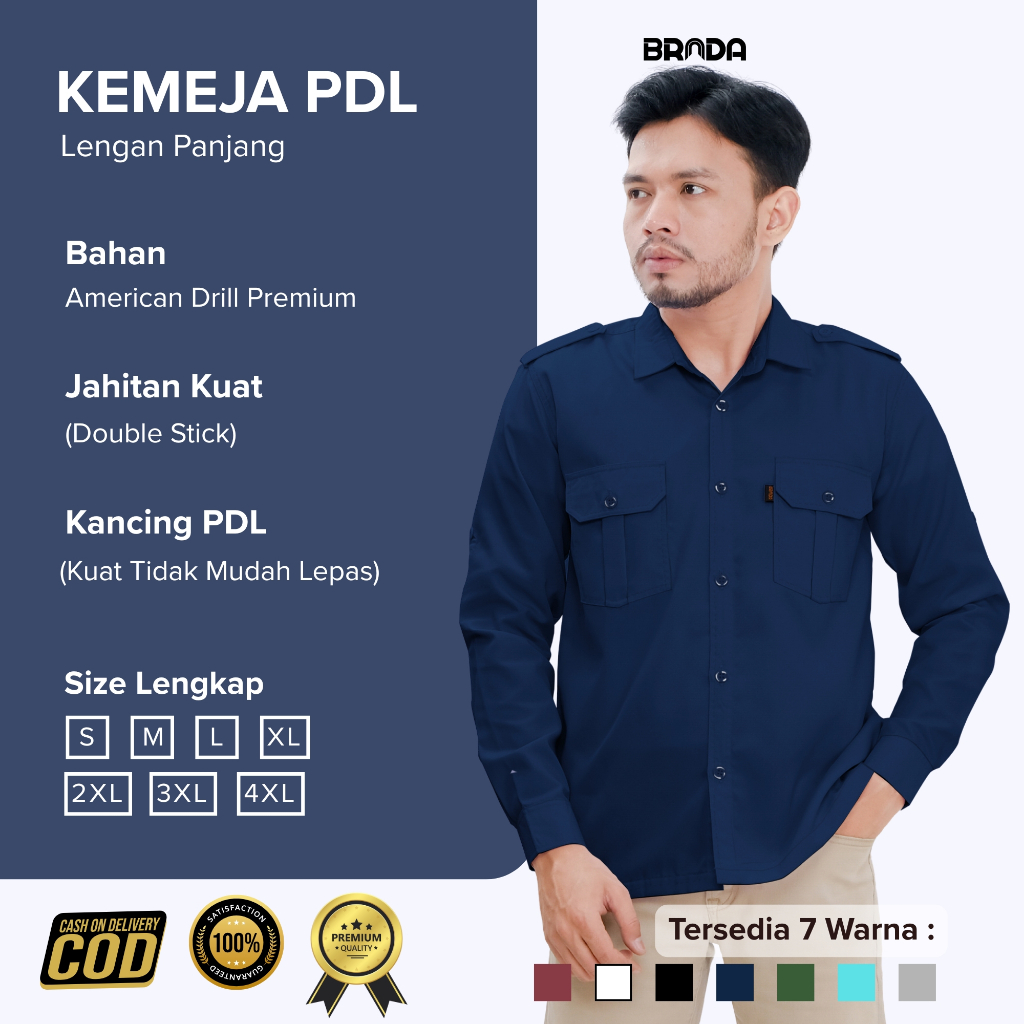 BRADA - Kemeja PDL PDH Drill / Baju Atasan Seragam Kerja Lapangan Panjang Biru Navy