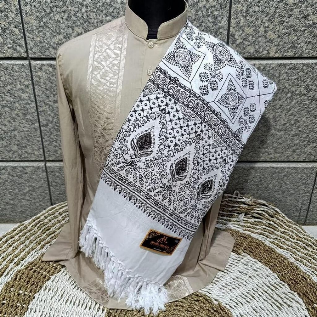 Premium sorban motif Nu kombinasi trompa rida ar-rida asli rayon santung grade A SORBAN PUTIH KASHMI