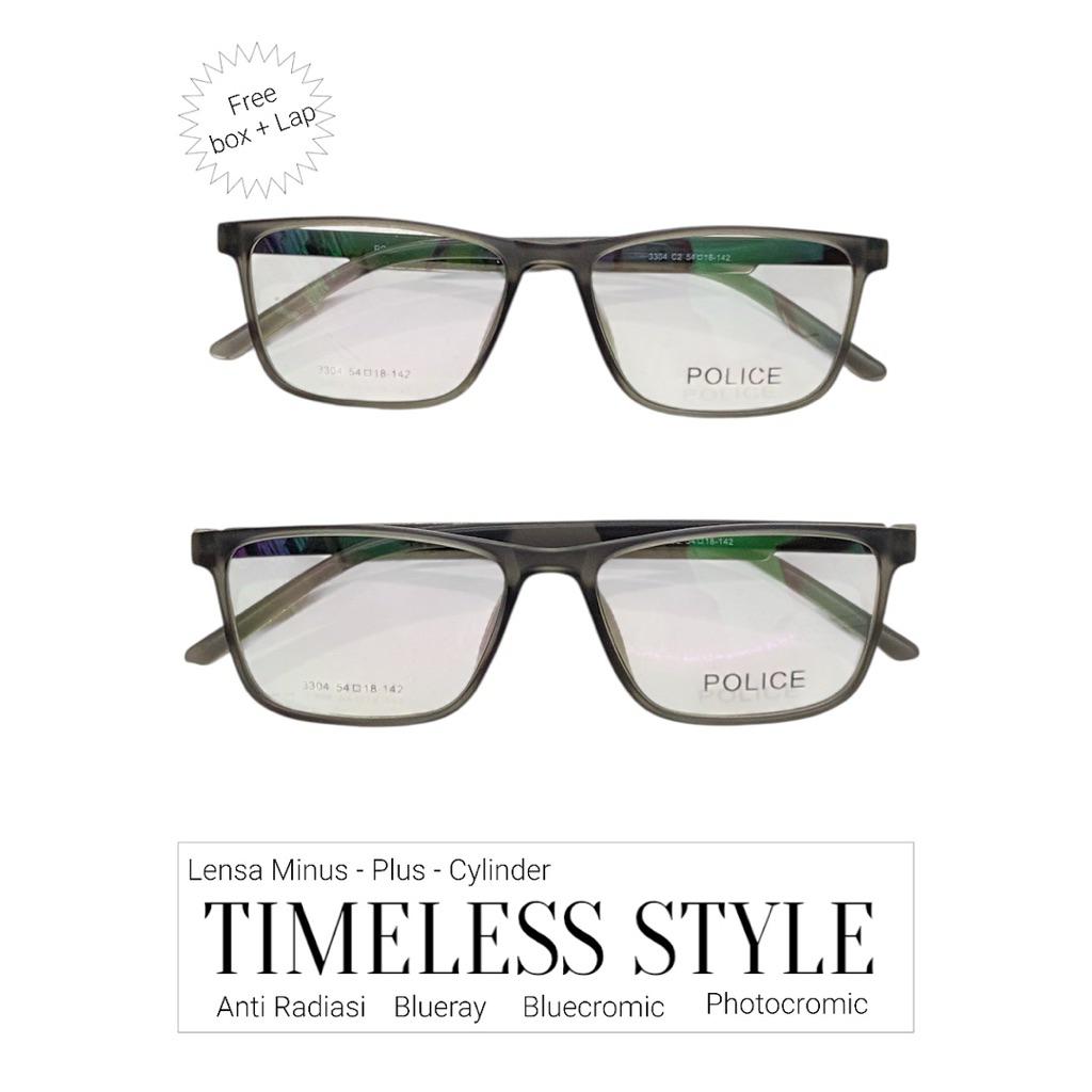 Frame kacamata police  / bingkai kacamata kotak modern / Lensa Minus Cylinder Plus / Lensa Optik ant
