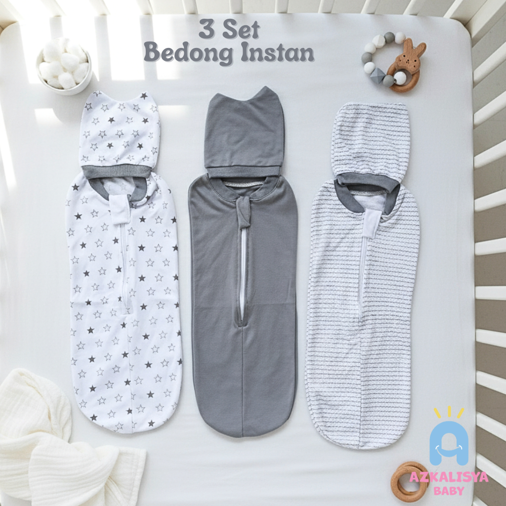 3 Bedong Bayi Instan Resleting Hoodie + Topi Cewek Cowok Baru lahir