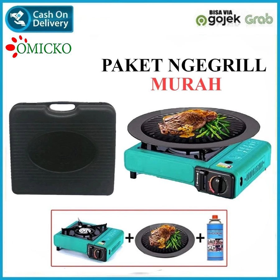 Paket Kompor Portable + Grill Pan Anti Lengket Omicko | Alat Masak BBQ & Grill