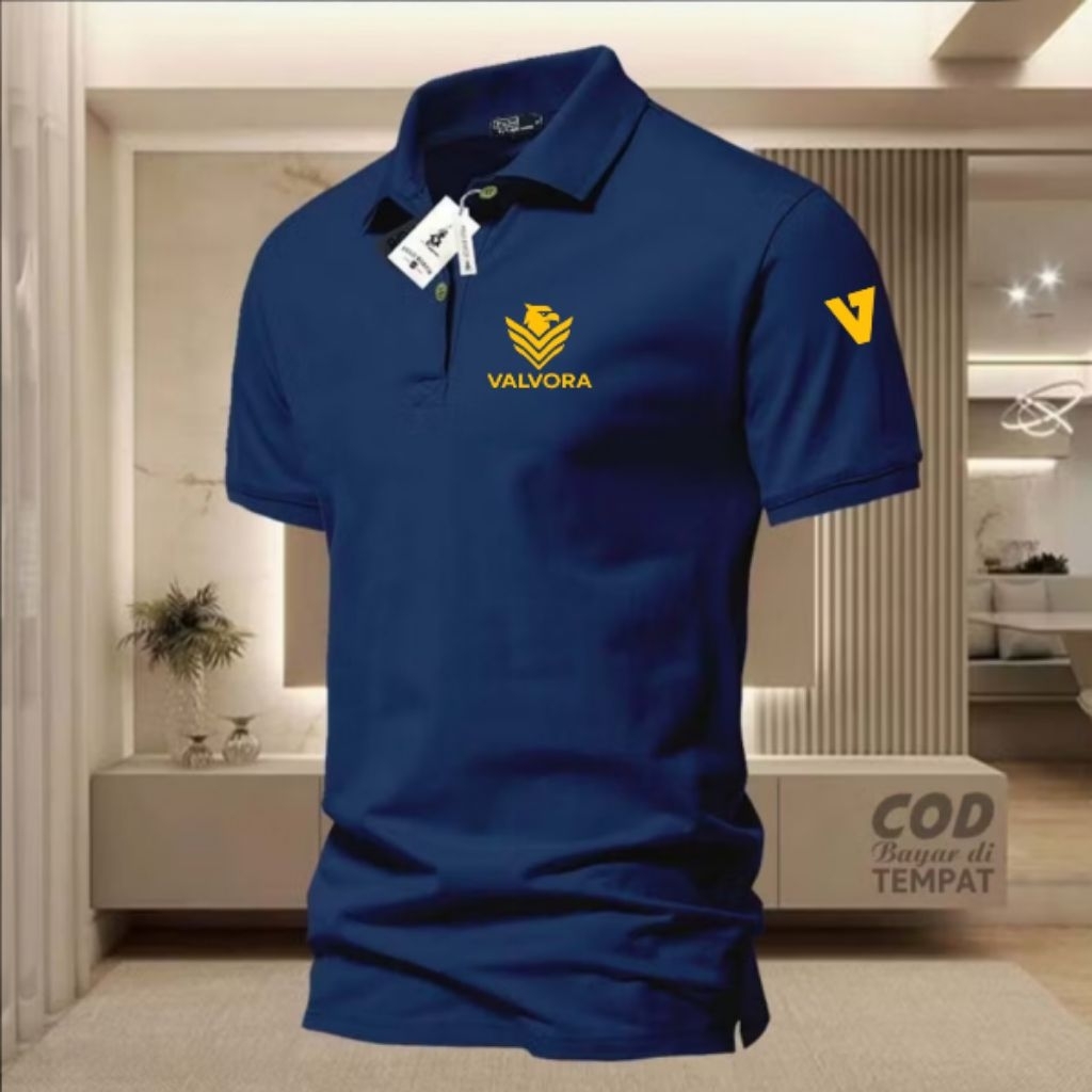 Polo Shirt VALVORA + Lengan Motif Logo Text Gold Kaos Polo Kerah Kaos Harian Kaos Kerja Premium Bran
