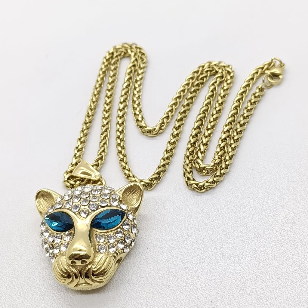 Kalung rantai gandum liontin kepala macan tutul Stainless steel 304