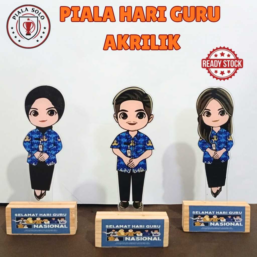 Piala Guru KORPRI Biru Kecil Tatakan Kayu Piala Hari Guru Custom Tulisan