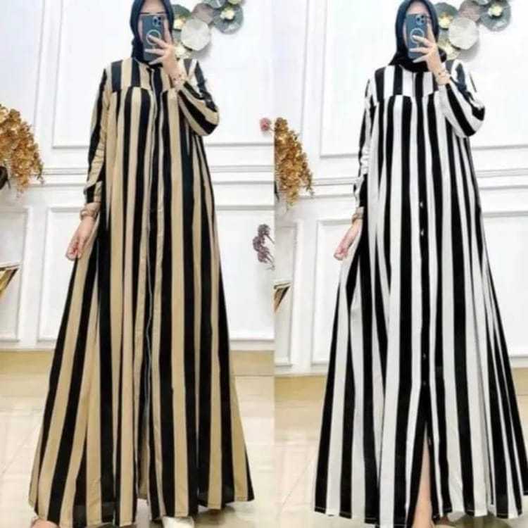 Gamis Salur Kombinasi Polos Hitam Putih Garis Samping Miring Silang Belakang Terbaru 2025 GRATIS ONG