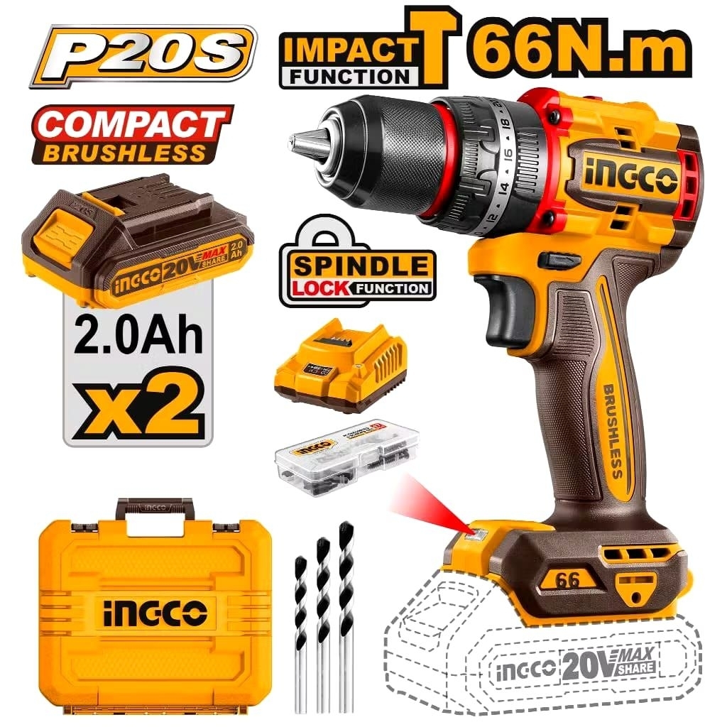 MESIN BOR BATERAI 13MM 20V 2 BATERAI INGCO CIDLI20668 BOR CORDLESS IMPACT DRILL BETON DAN KAYU INGCO