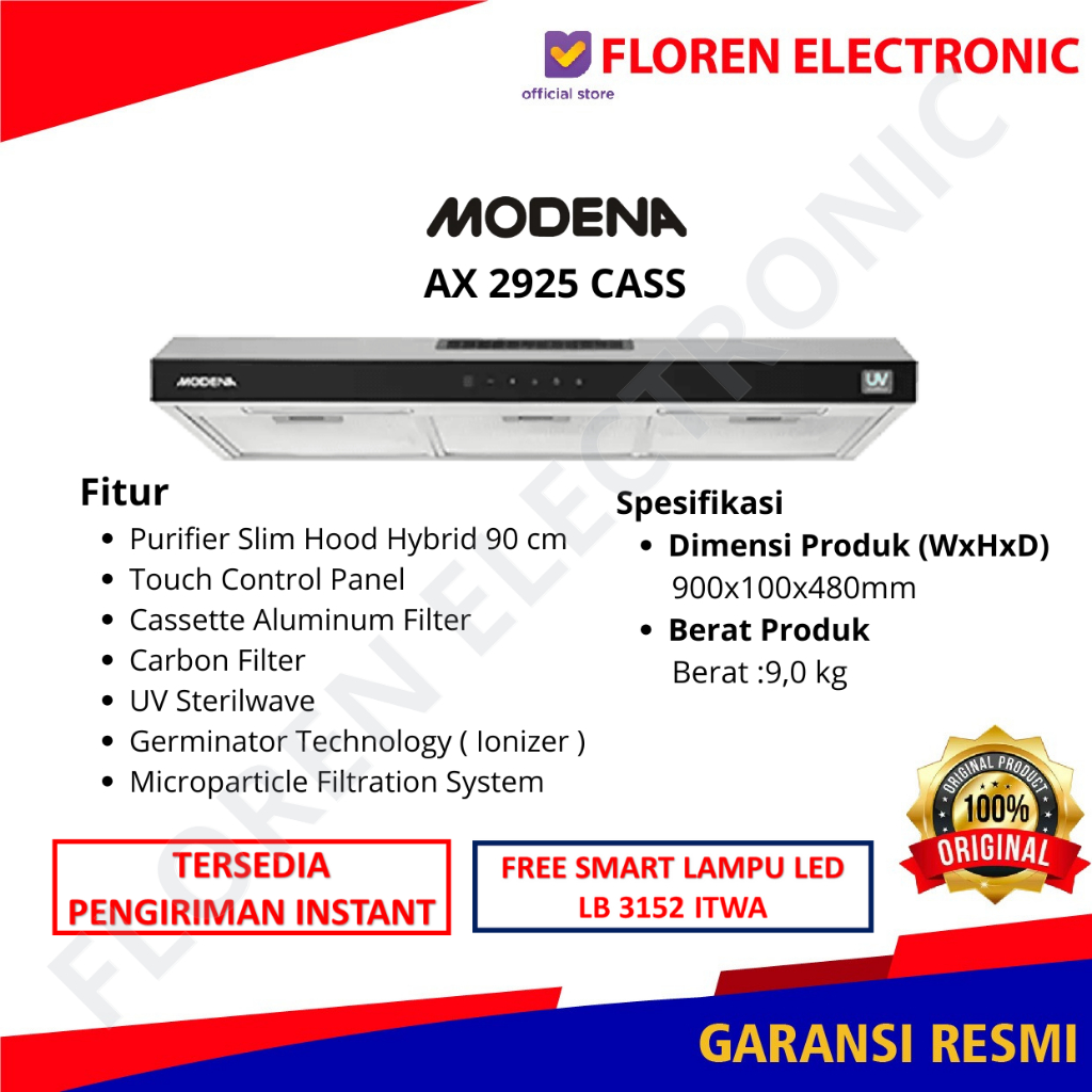 Modena AX 2925 CASS AX2925CASS 2925CASS Purifier Slim Hood Hybrid 90cm