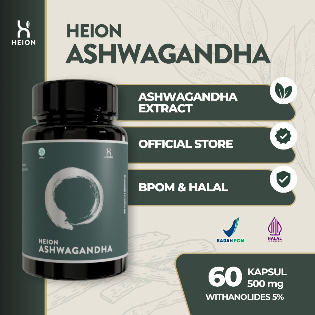 HEION Ashwagandha+ 60 Kapsul SUPLEMENT KESEHATAN ASHWAGANDA EXTRACT @500mg BPOM by HEION OFFICIAL
