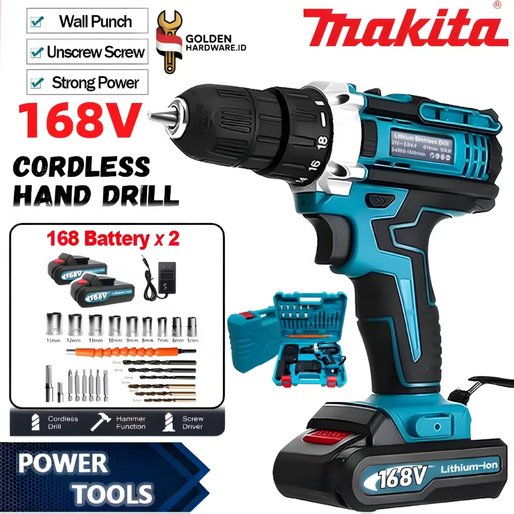 Makita 168V Bor Baterai Tanpa Kabel | Cordless Drill Heavy Duty Original | Impact Hammer | 2 Baterai