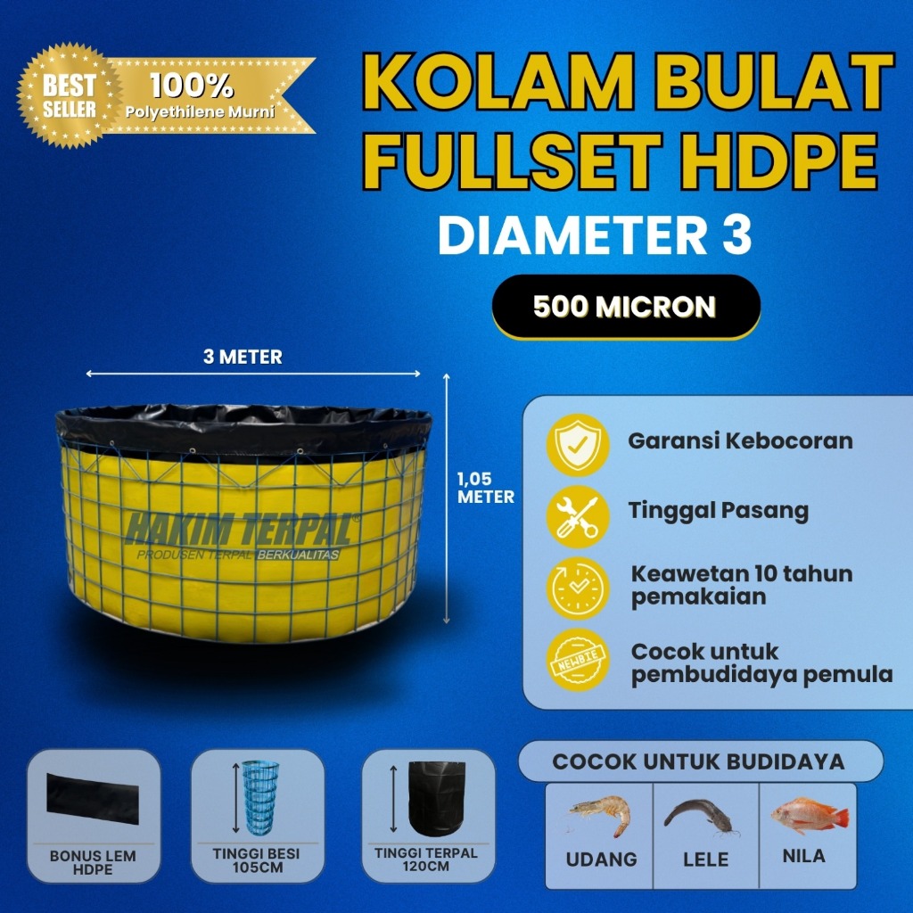 Paket Kolam Bulat Diameter 3 meter Fullset HDPE 500 Mikron