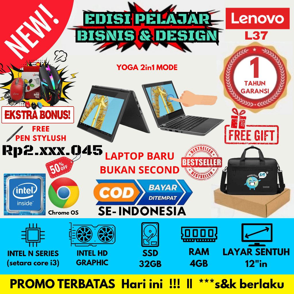 Laptop BARU (bukan bekas) Lenovo Chromebook Yoga L37 | Touchscreen | 2-in-1 Flip | Lenovo Yoga 300e