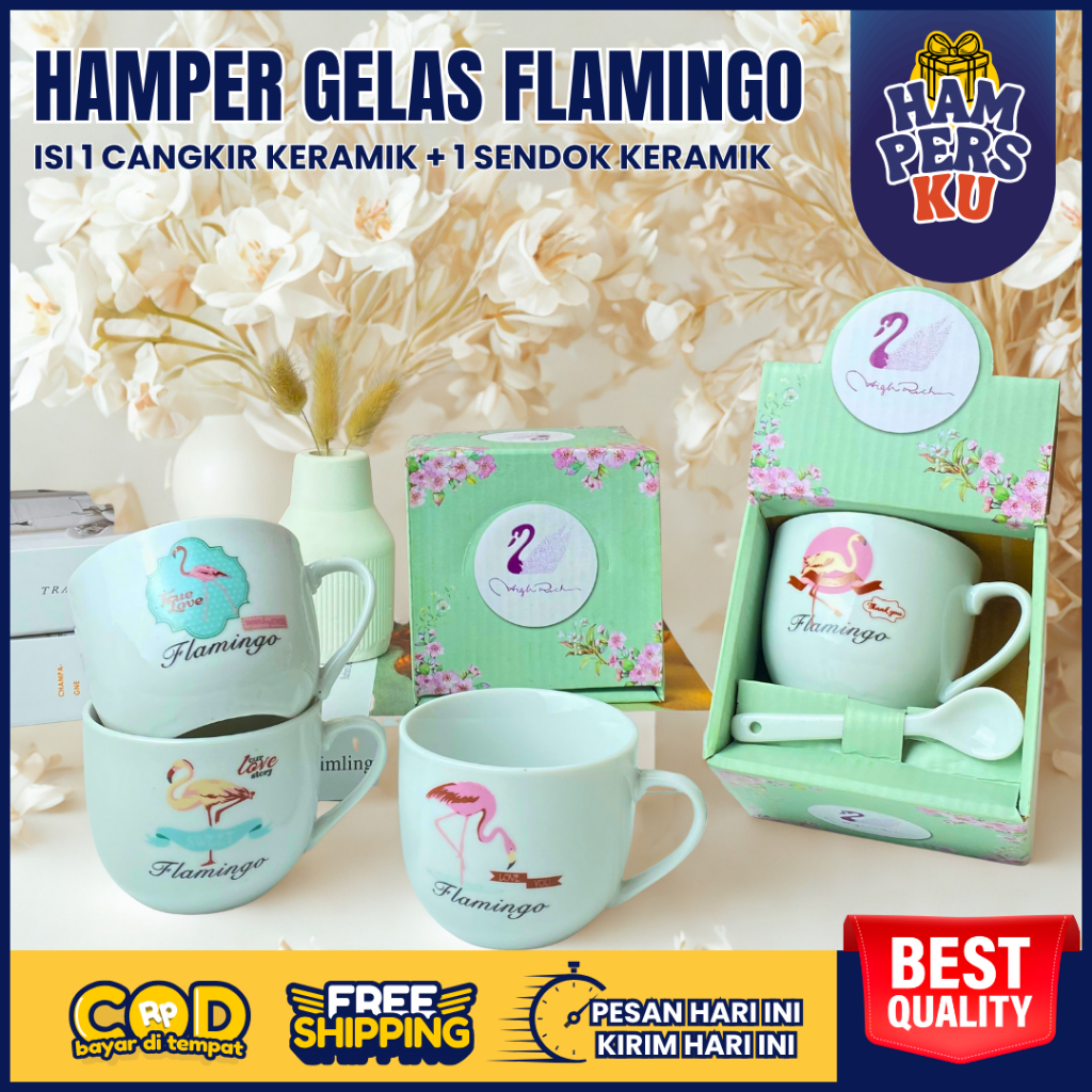 Hampers Gelas Kopi Keramik Set Sendok Motif FLAMINGO Couple Souvenir Cangkir Elegan Acara Spesial