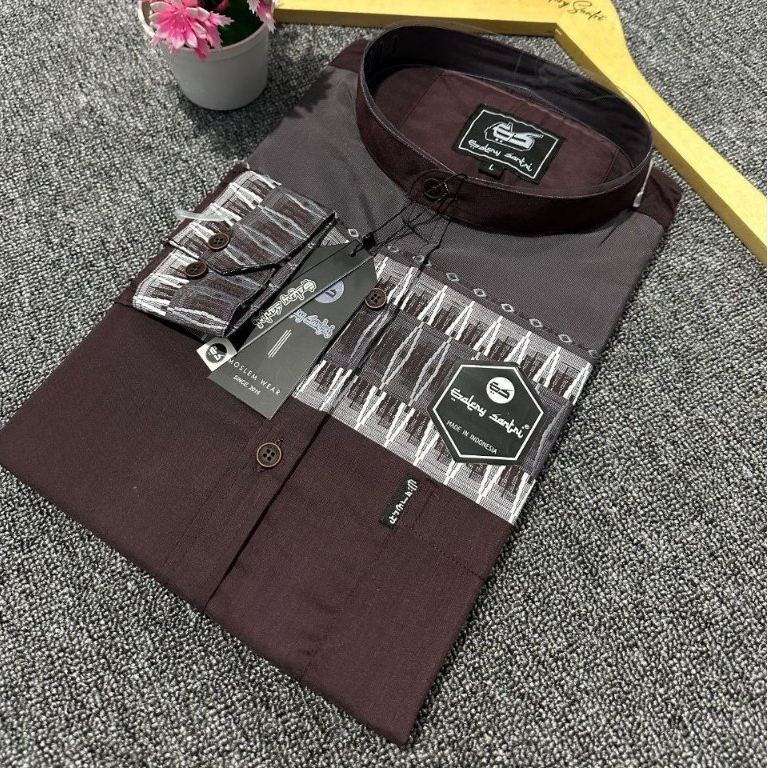 Galery Santri Baju Koko Pria Lengan Panjang Kerah Sanghai Motif Salur Katun Madinah