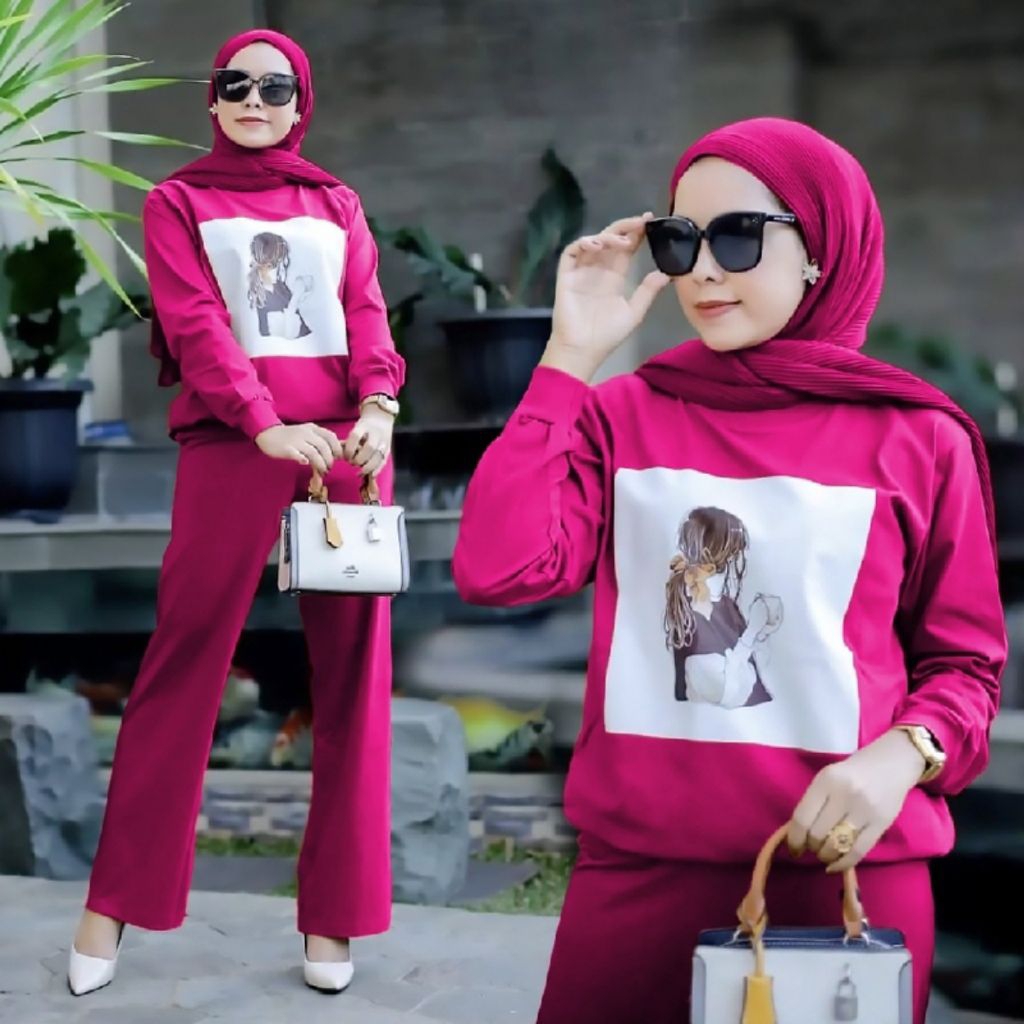 Setelan Sweater Hoodie Wanita Jumbo Sablon Babyterry Setelan Baju Celana Santai Lengan Panjang​Setel