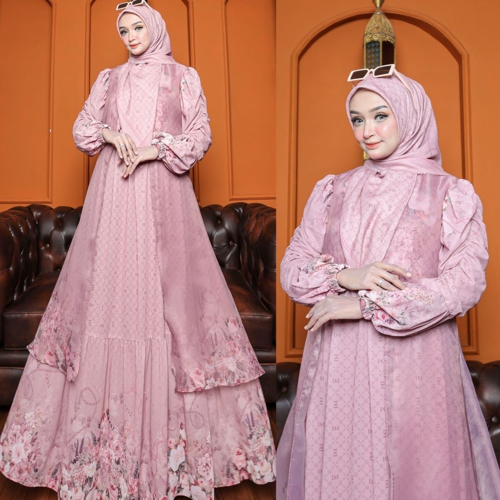 LAILA SERIES BY DMECCA SYARI GAMIS DRESS CERUTY PREMIUM SEMI OUTER ORGANZA PRINTING SET JILBAB SCARF