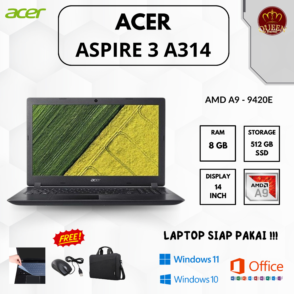 ACER ASPIRE 3 A314 | AMD A9-9420E | 8GB RAM | SSD 512GB | 14 INCH