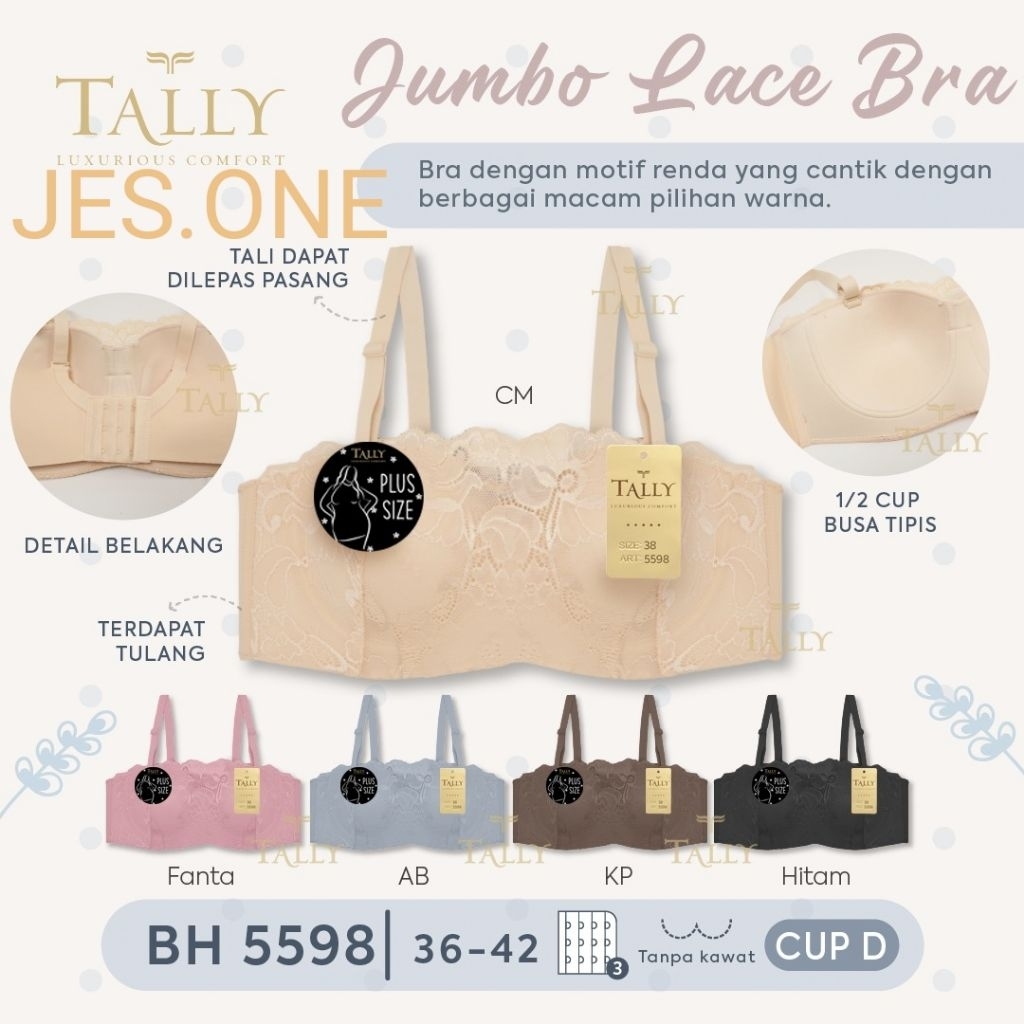 Berkualitas TALLY 5598 Bra BH Kemben Bahan Renda Halus Busa Tipis Berkawat 1/2 cup D Kait 3 Sz 36 -