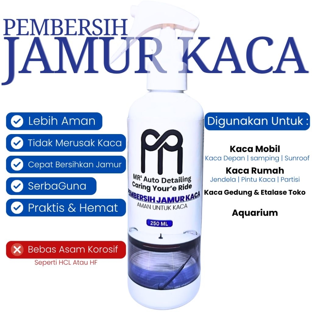 Pembersih Jamur Kaca Mobil Anti Water Spot Cairan Penghilang Kerak & Noda Air Kaca Aman Tanpa HCl & 