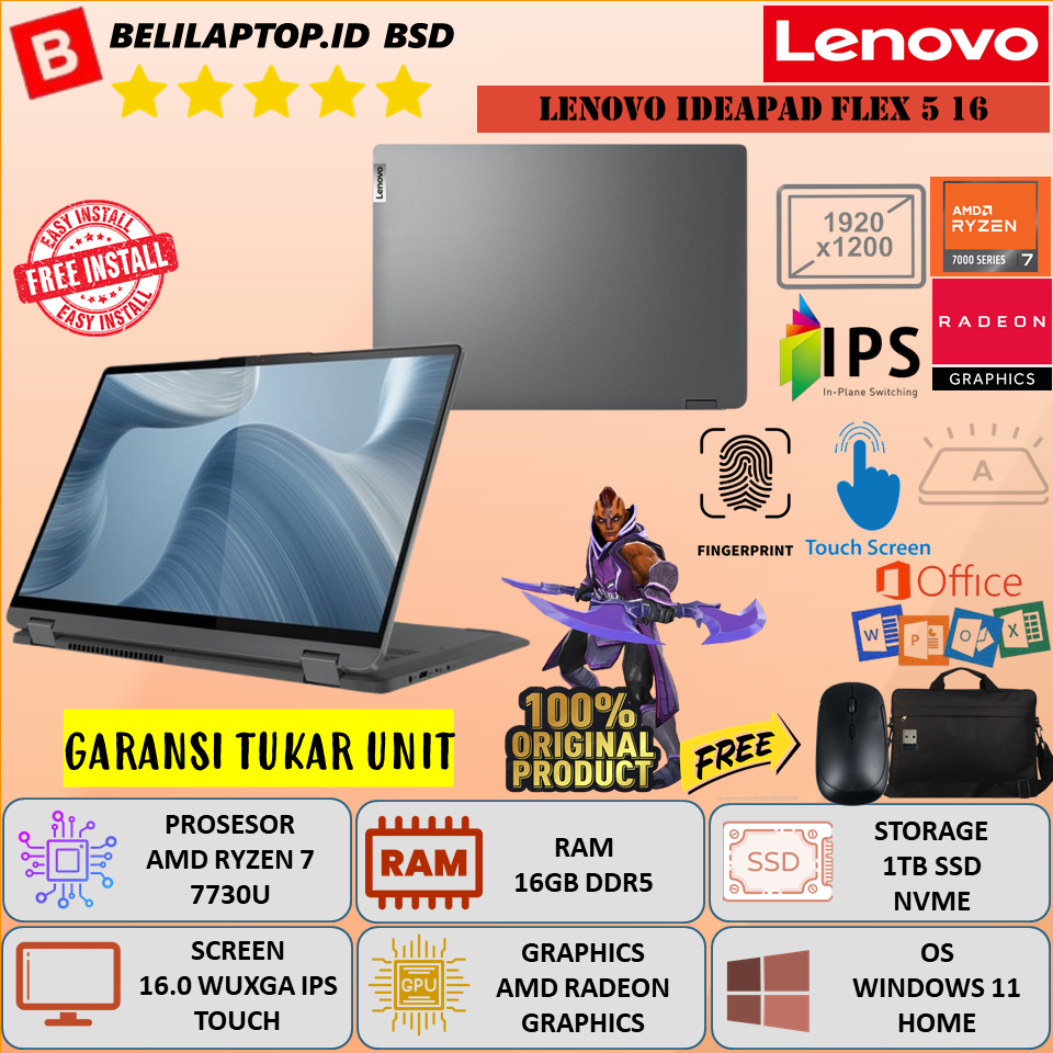 Laptop Baru 2In1 Lenovo IDEAPAD FLEX 5 16 AMD Ryzen 7 7730U Ram 16GB 1TB SSD 16.0'' WUXGA IPS Touch 