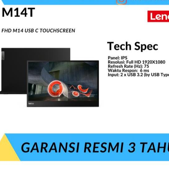 Monitor Portabel Lenovo ThinkVision M14t 14" FHD IPS Touchscreen USB-C