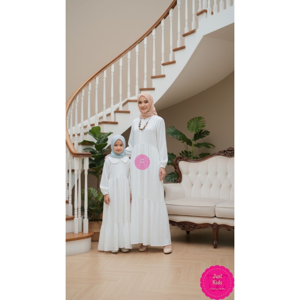 Gamis Putih Couple Ibu dan Anak Perempuan Bahan Katun Linen