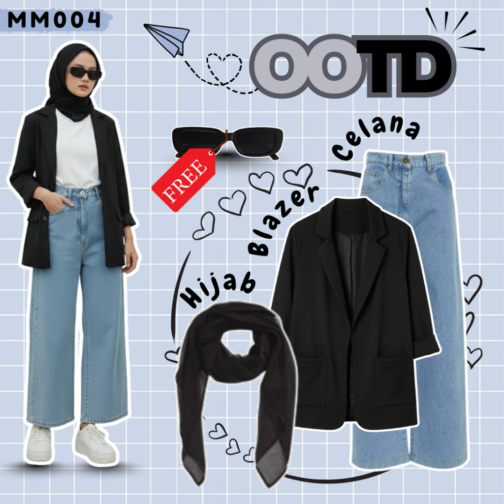 Outfit Wanita Kekinian 3in1 | Blazer Moscrepe Hitam | Jeans Kulot Snow Acid | Hijab Hitam | MM004