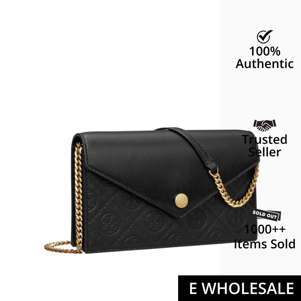 Tory Burch T Monogram Leather Envelope Chain Wallet Black