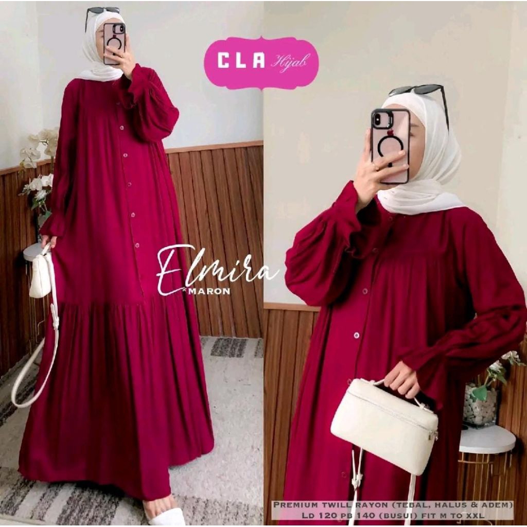 Elmira dress smokk jumbo | Baju Gamis wanita lengan balon motif polos simple busui
